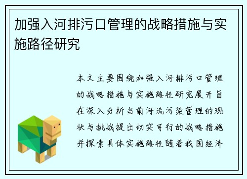 加强入河排污口管理的战略措施与实施路径研究
